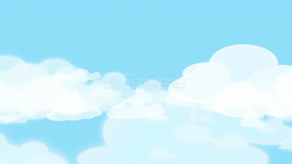 Flying through Fluffy White Cartoon Clouds in Blue Sky