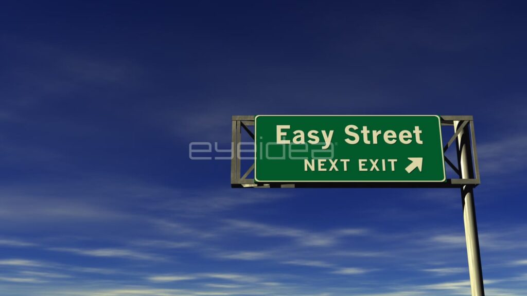 3D Animation of Easy Street Freeway Exit Sign against Blue Sky