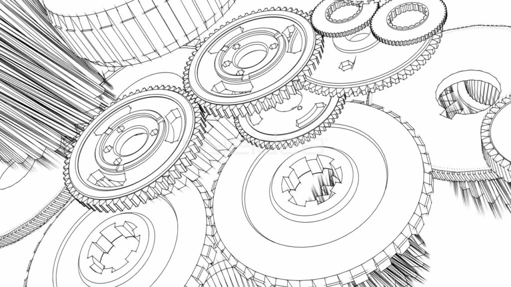 Rotating Mechanical Gears in White Blueprint Sketch Animation