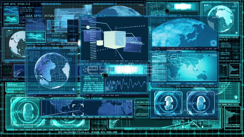 Global Data Communication Interface with Blue Digital HUD Elements V6