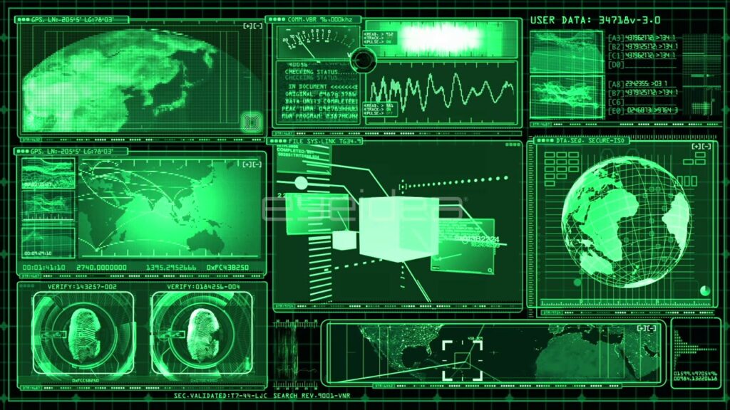 Green Digital HUD Interface with Rotating Earth and Data
