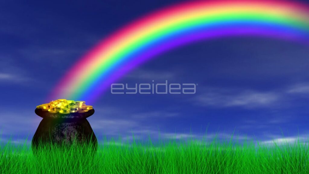 Pot of Gold at the End of a Rainbow in Green Field