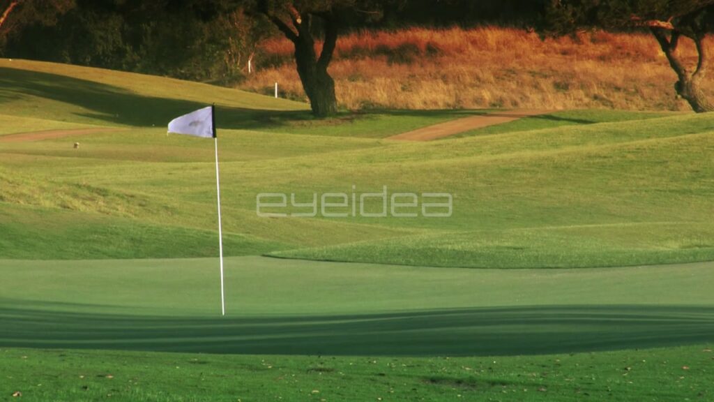 Golf Green with Blue Flag in Golden Hour Light