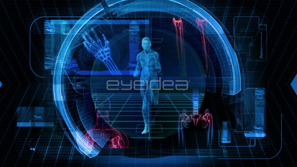 Human Anatomy and Skeletal System with Blue HUD Interface