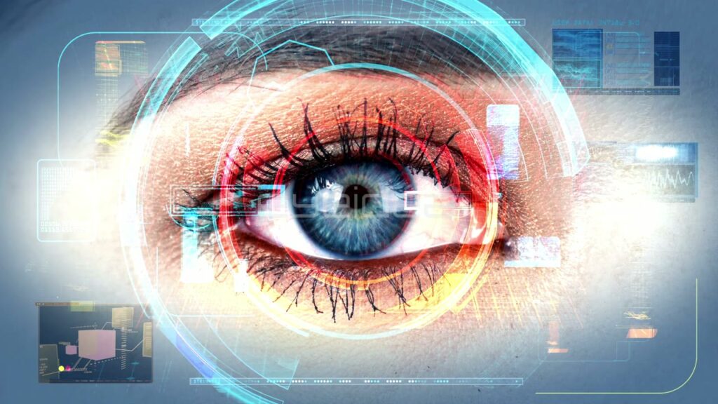 Macro Close-Up of Female Eye with Blue Digital Interface