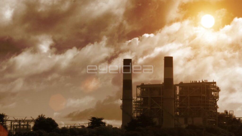 Industrial Factory with Smoke Stacks under Sepia Sky