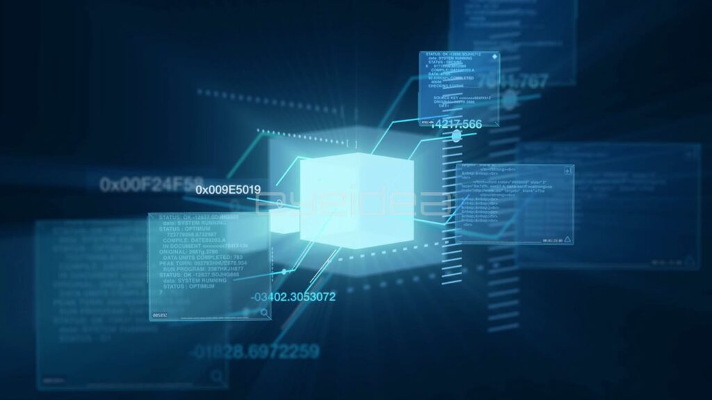 Abstract Digital Data Interface with Floating Blue Cubes