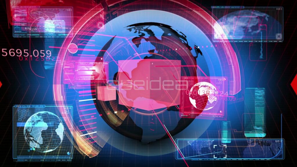 Digital Global Data Interface with Red and Blue HUD Elements