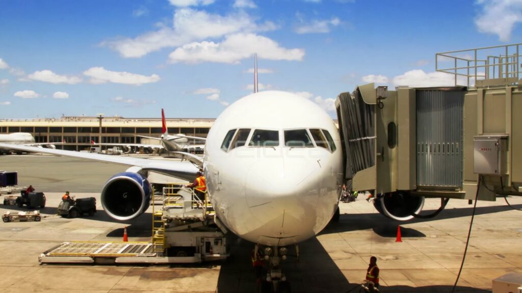 Time-Lapse of Commercial Jetliner at Airport Gate under Blue Sky