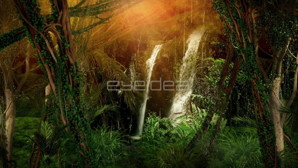 Waterfall Cascading through Lush Jungle Plants in Warm Light