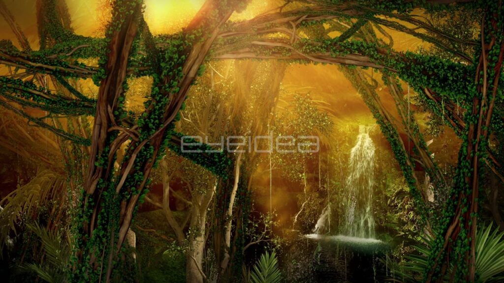 Waterfall Cascading through Lush Jungle Vines in Golden Light