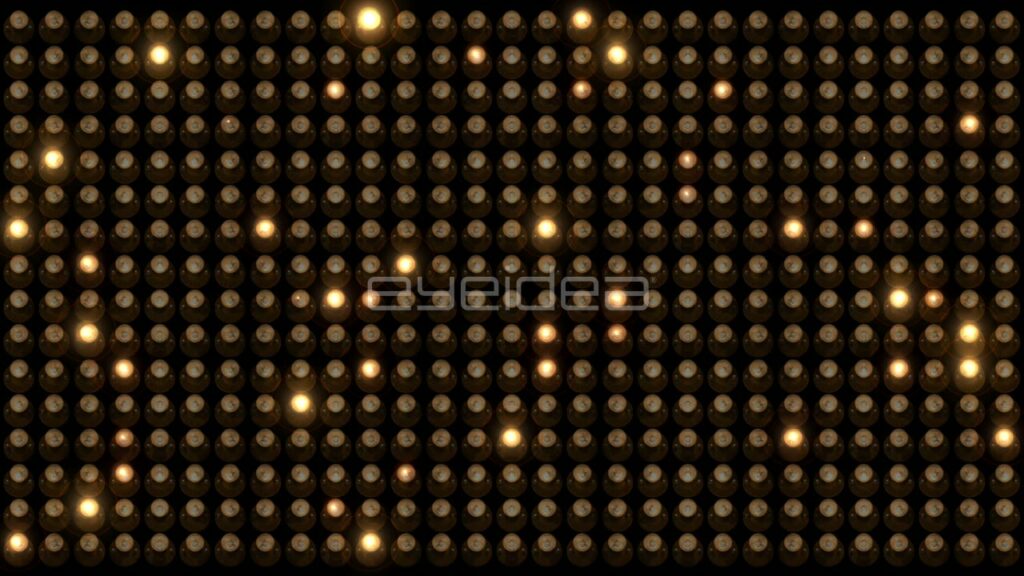Golden Light Bulbs Flashing on a Dark Grid Wall