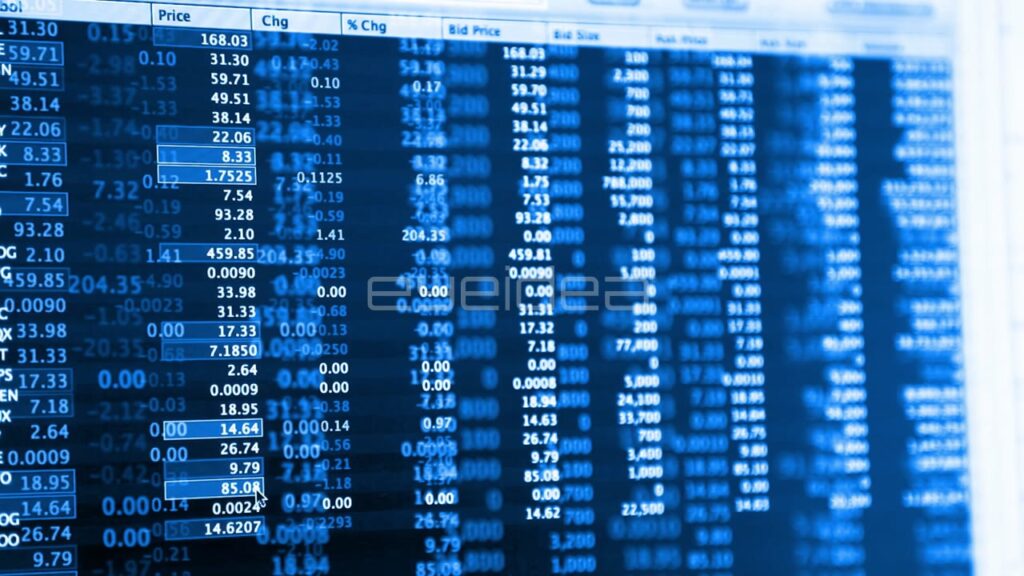 Digital Financial Data Display with Blue Ticker Scrolling