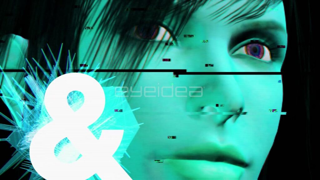 Digital Human Face and Data Overlays in Cyan and Red