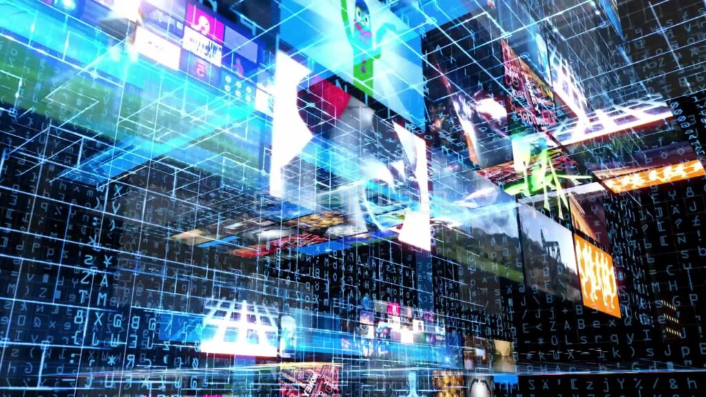 Abstract 3D Digital Matrix of Floating Media Screens in Blue