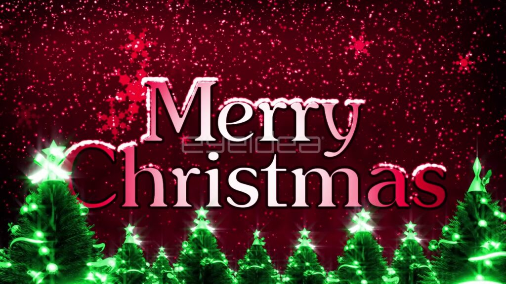Merry Christmas Text With Green Trees on Red Background