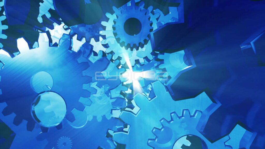 3D Fly through of Blue Metallic Gears toward Light