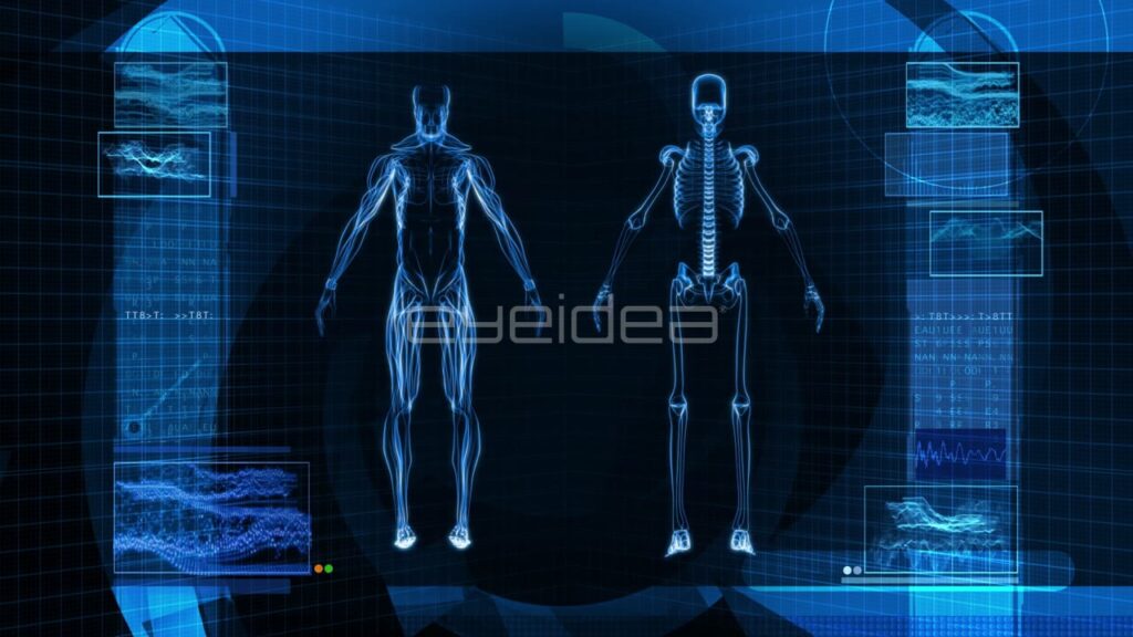 Digital X-Ray Scan of Human Muscle and Skeleton on Blue Interface
