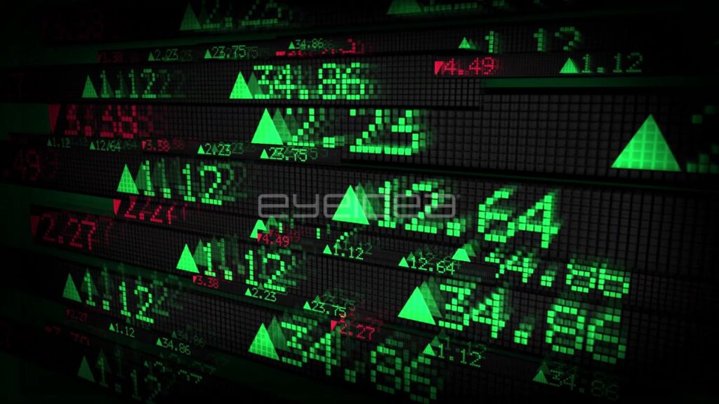 Digital Financial Ticker Display with Green and Red Data