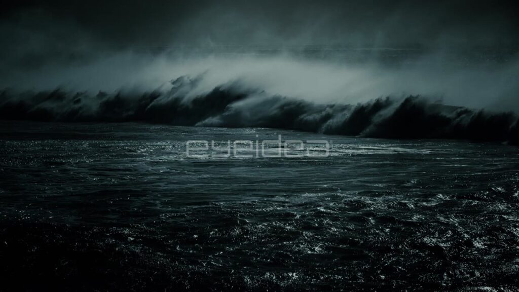 Crashing Ocean Waves under Moonlight in Dark Blue Tones