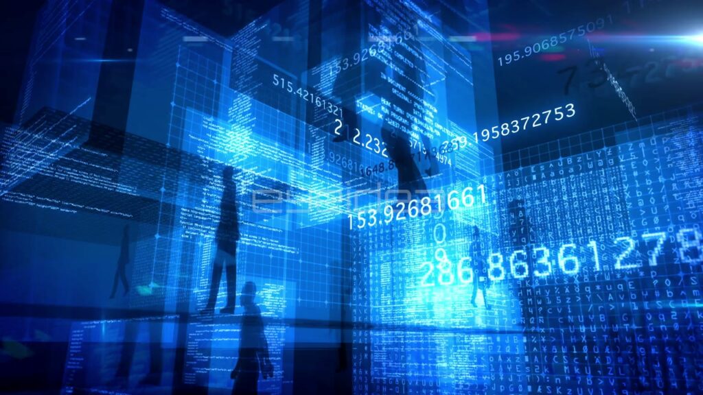 Silhouettes of People Walking through Blue Digital Data Matrix