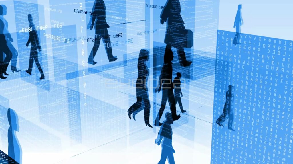 Silhouettes of People Walking through Blue Digital Data Streams