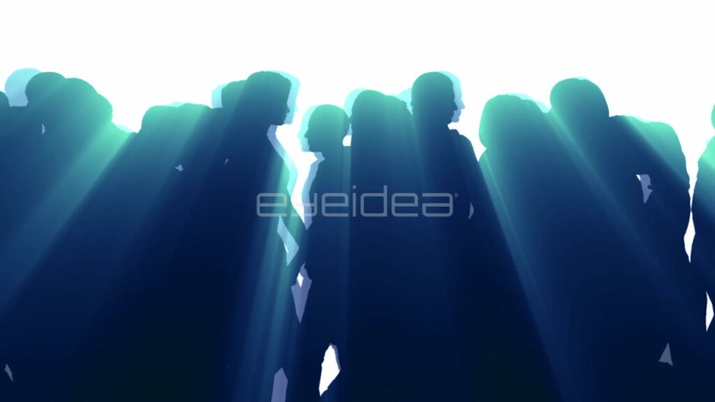 Silhouette of 3D People Walking with Blue Light Rays
