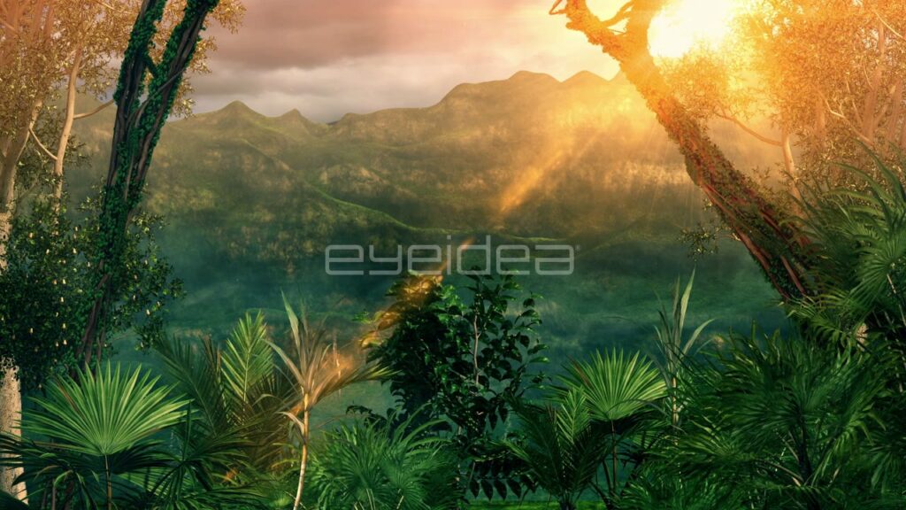 Tropical Rainforest Mountains with Golden Sunlight and Lush Foliage