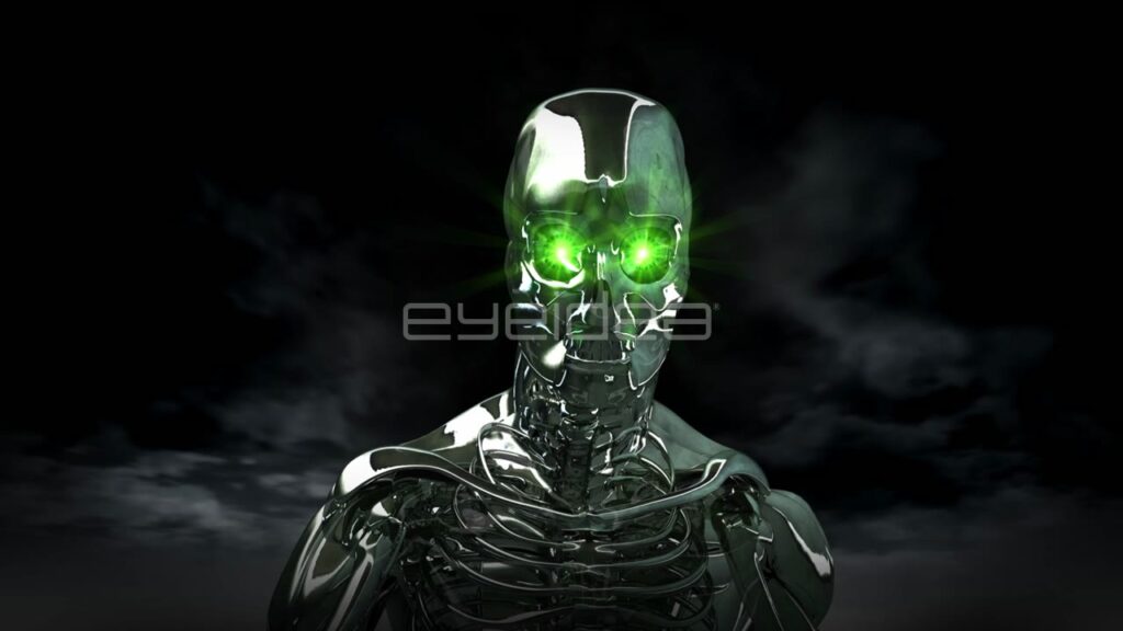 Chrome Skeleton Cyborg with Glowing Green Eyes Walking Forward