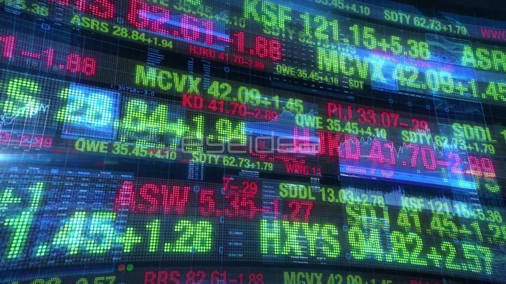 Digital Financial Ticker Display with Glowing Green and Red Data