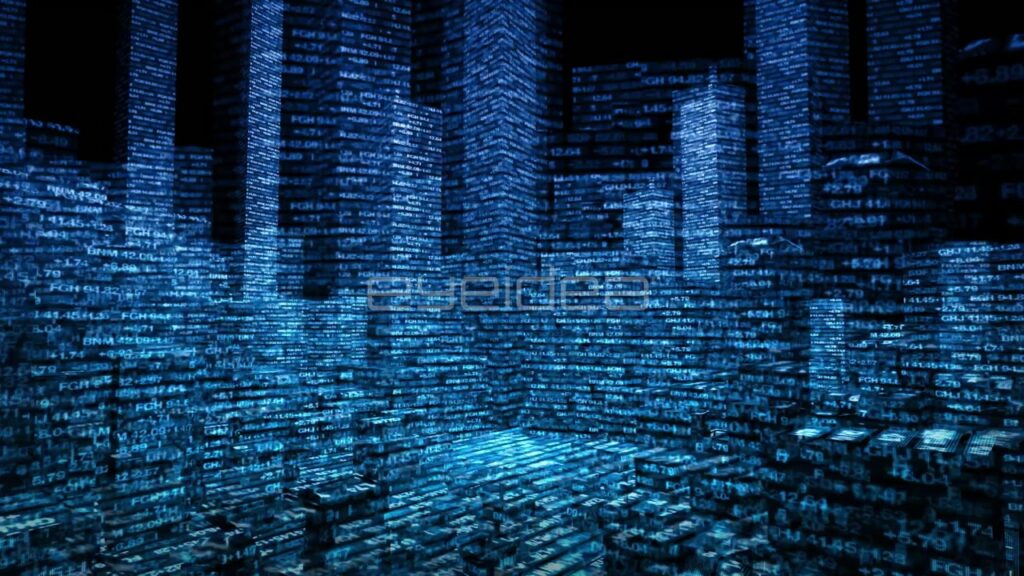Digital Skyscrapers Composed of Financial Ticker Data in Blue