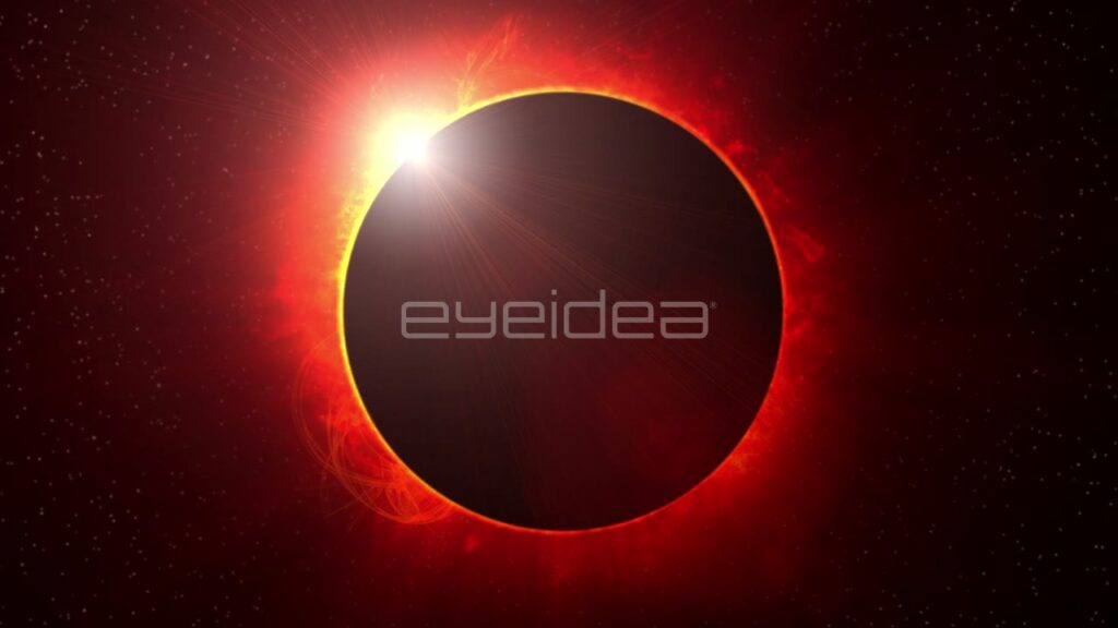 Solar Eclipse with Arcing Red Solar Flares in Space