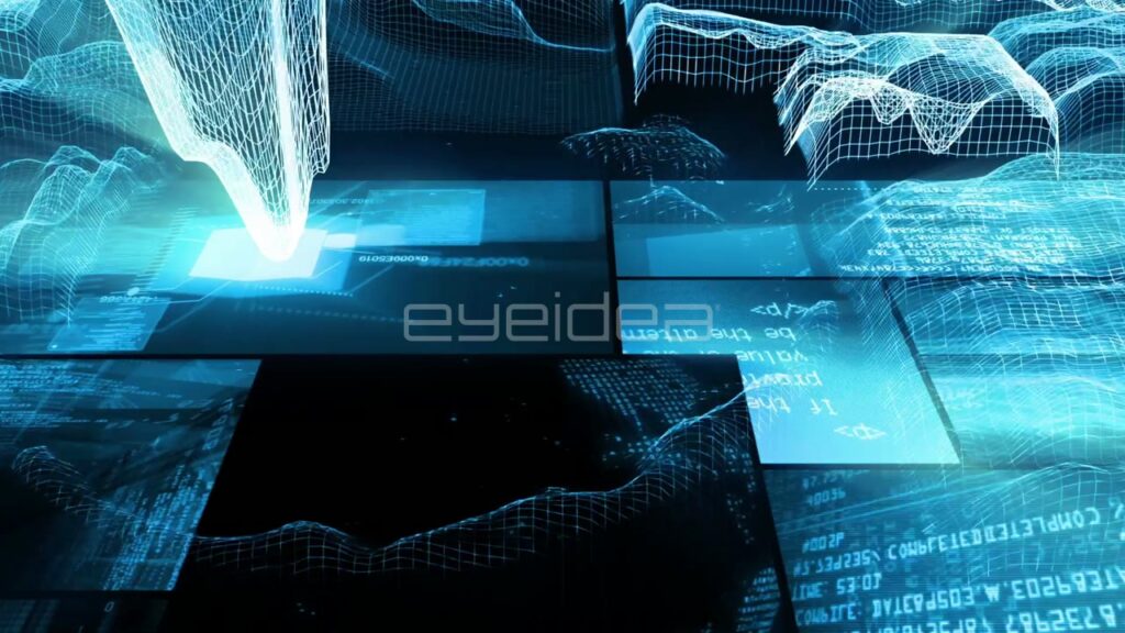 Abstract Blue Wireframe Data Landscape with Moving Digital Grids