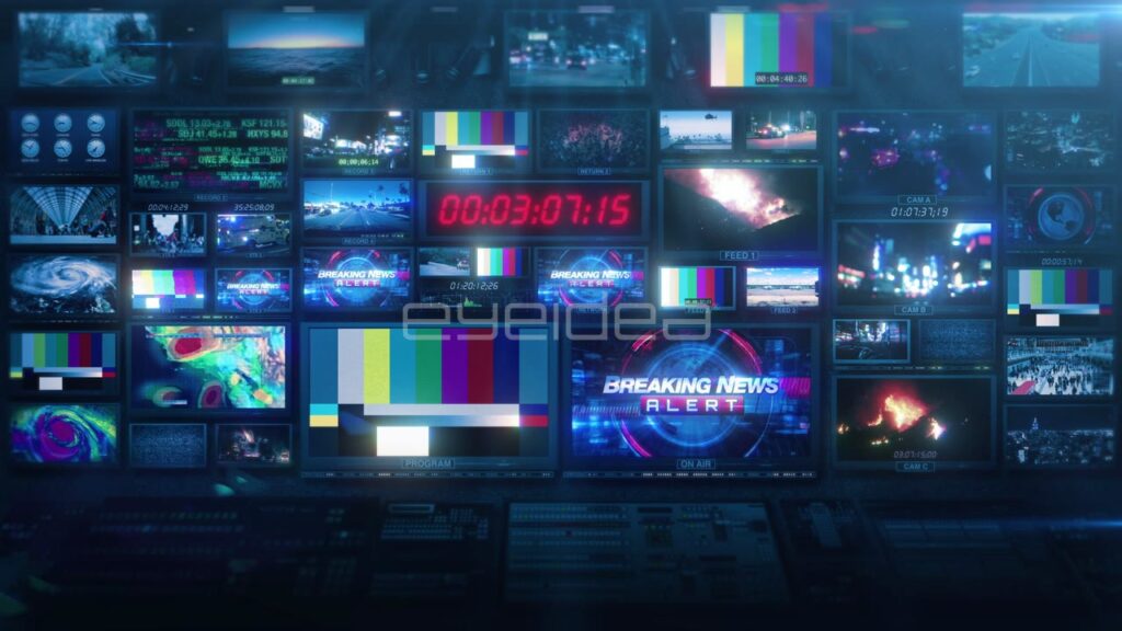 TV Broadcast News Control Room with Blue Lighting and Multiple Monitors