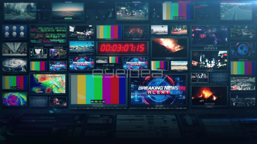 TV Broadcast News Control Room with Blue Tones and Multiple Monitors