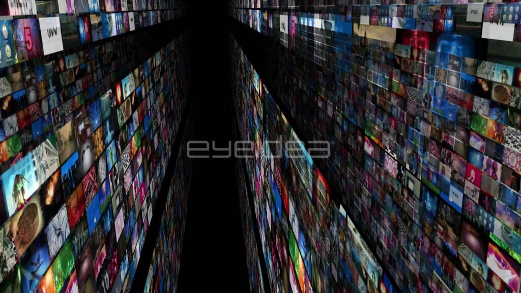 Flythrough of Multicolored Video Wall Montage in 3D Space