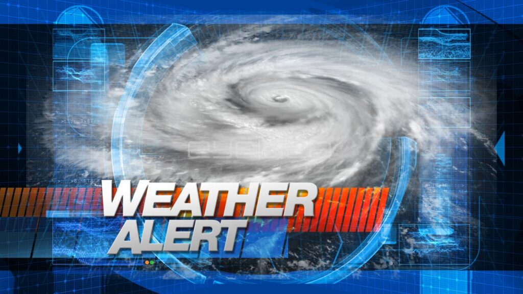 Weather Alert Graphic with Hurricane and Blue Digital Overlay