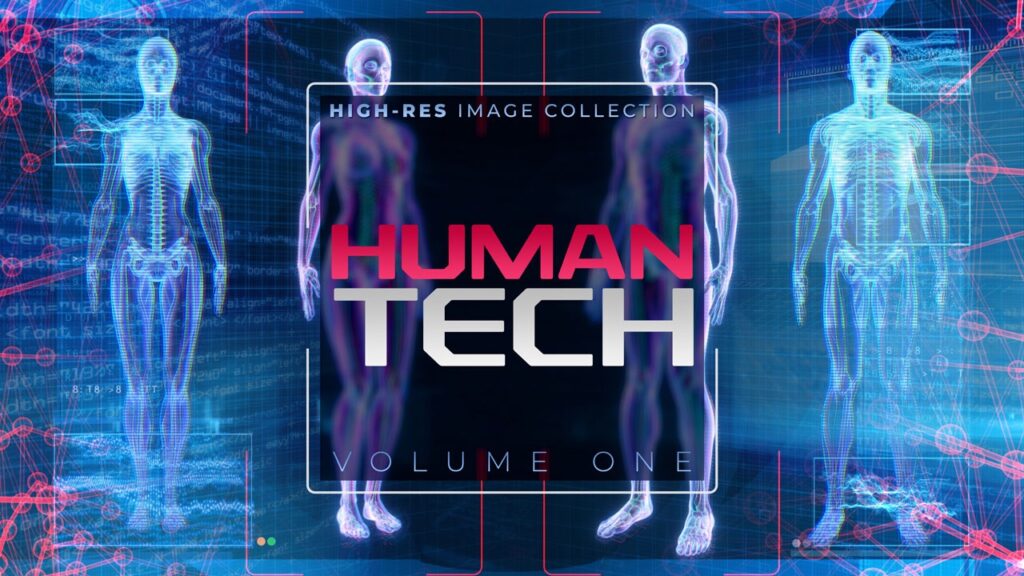 Human Tech Image Pack Volume One title graphic: translucent 3D human anatomy figures with data scan overlays