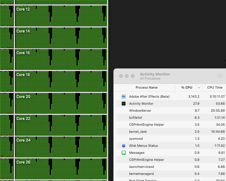 Adobe After Effects using over 3000% of CPU core power